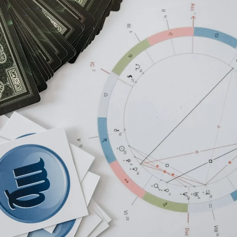 Ein Tisch mit Tarotkarten, astrologischen Horoskopen und Sternzeichensymbolen.