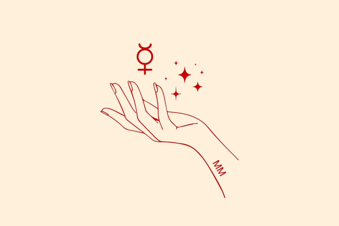 Logo Mercury Messages: Hand mit dem Symbol für Merkur und funkelnden Sternen. Auf dem Arm steht "MM".