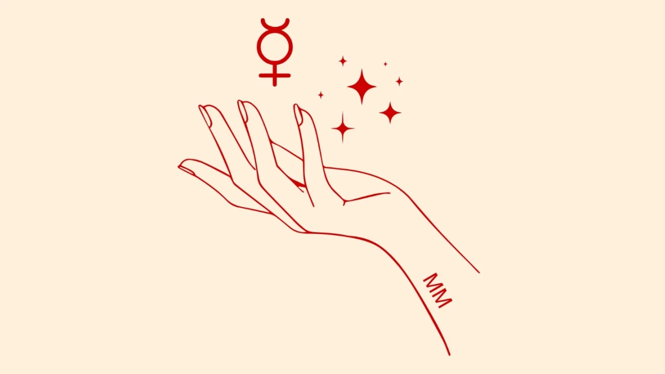 Logo Mercury Messages: Hand mit dem Symbol für Merkur und funkelnden Sternen. Auf dem Arm steht "MM".